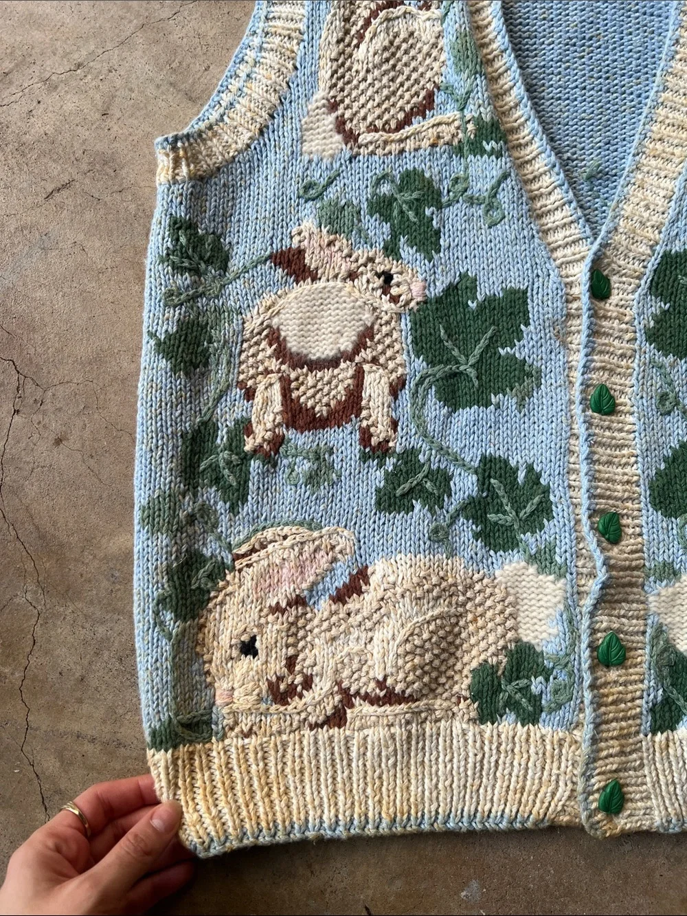 BellePointe Bunny Motif Knit Vest in Pale Blue and Cream